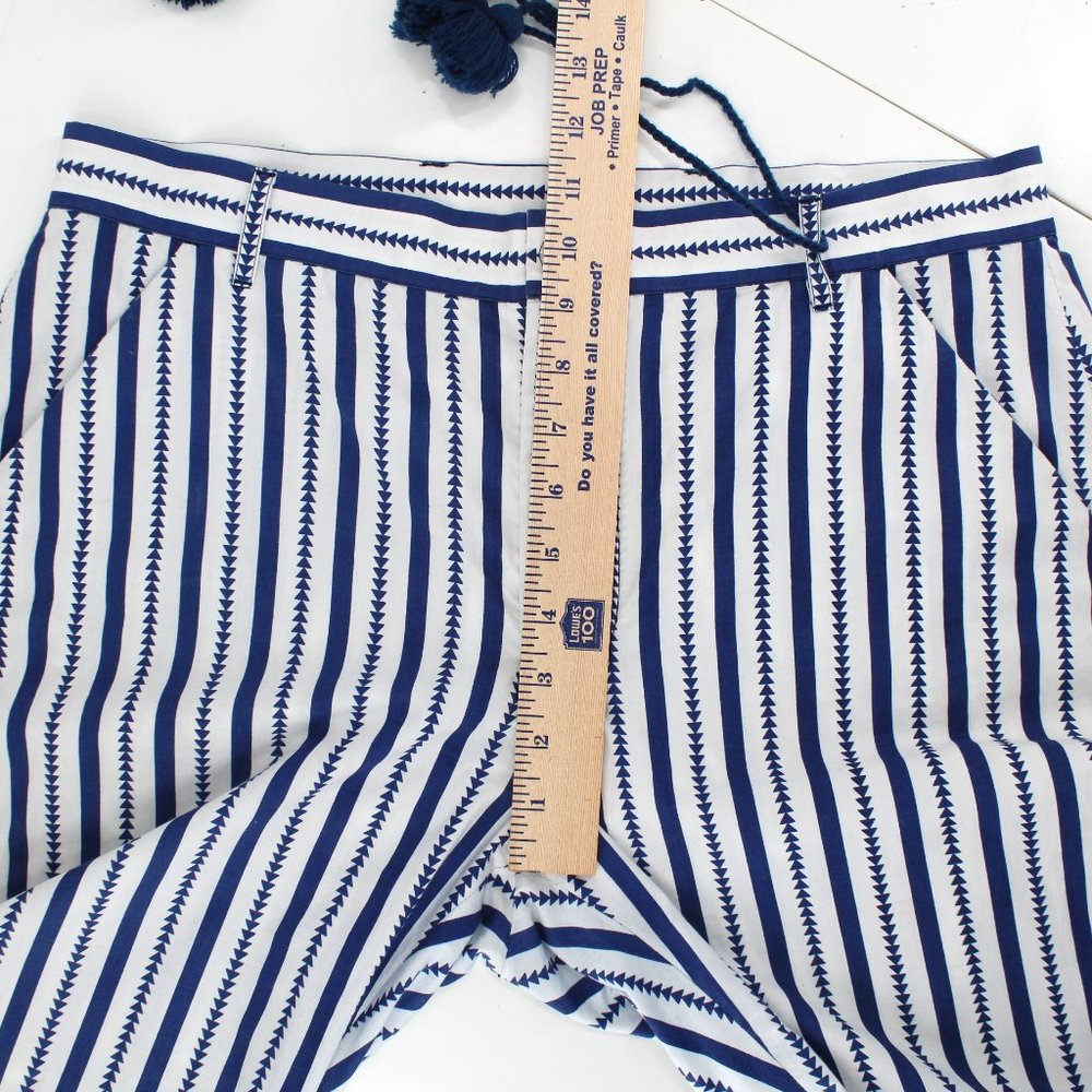 FIGUE Zuri Pants Blue White  Striped Cotton Tassel Mid-rise Casual Pockets SZ 8 - Picture 7 of 11
